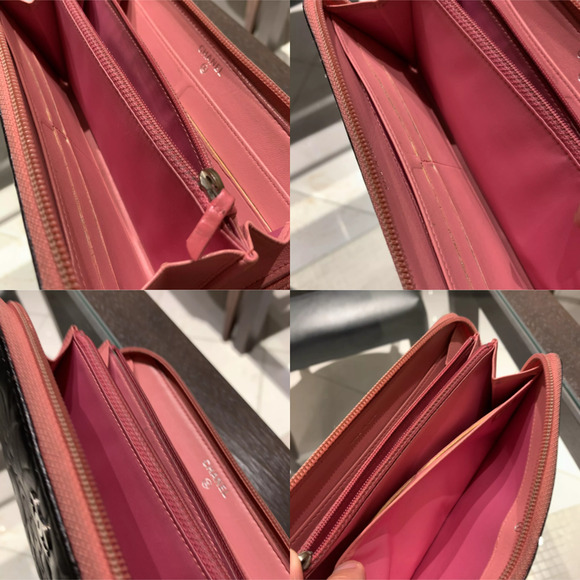 Authentic CHANEL Camellia Lamb Skin Long Zippy Wallet Black Pink - Picture 5 of 6